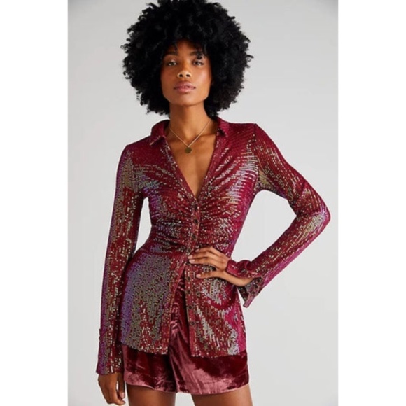 Free People Tops - NWT New Free People Magenta Sequin Long Sleeve Button Down Shirtee Top Size XS